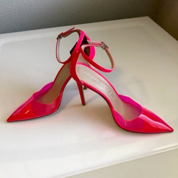 New STUART WEITZMAN Pink Clear Point Toe Ankle Strap Stiletto Pumps 7 MSRP $450 - Picture 4 of 7